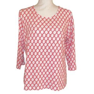 APPLESEED Chain-Link Geo Print Cotton Tee in Coral and White Size Petite Large